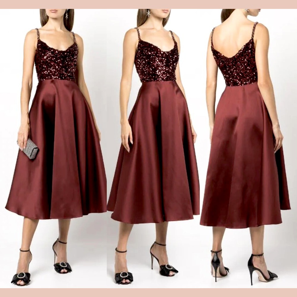 NWT $725 SACHIN & BABI‎ [ 2 ] Emile Sequin Flared Midi Gown Bordeaux Red